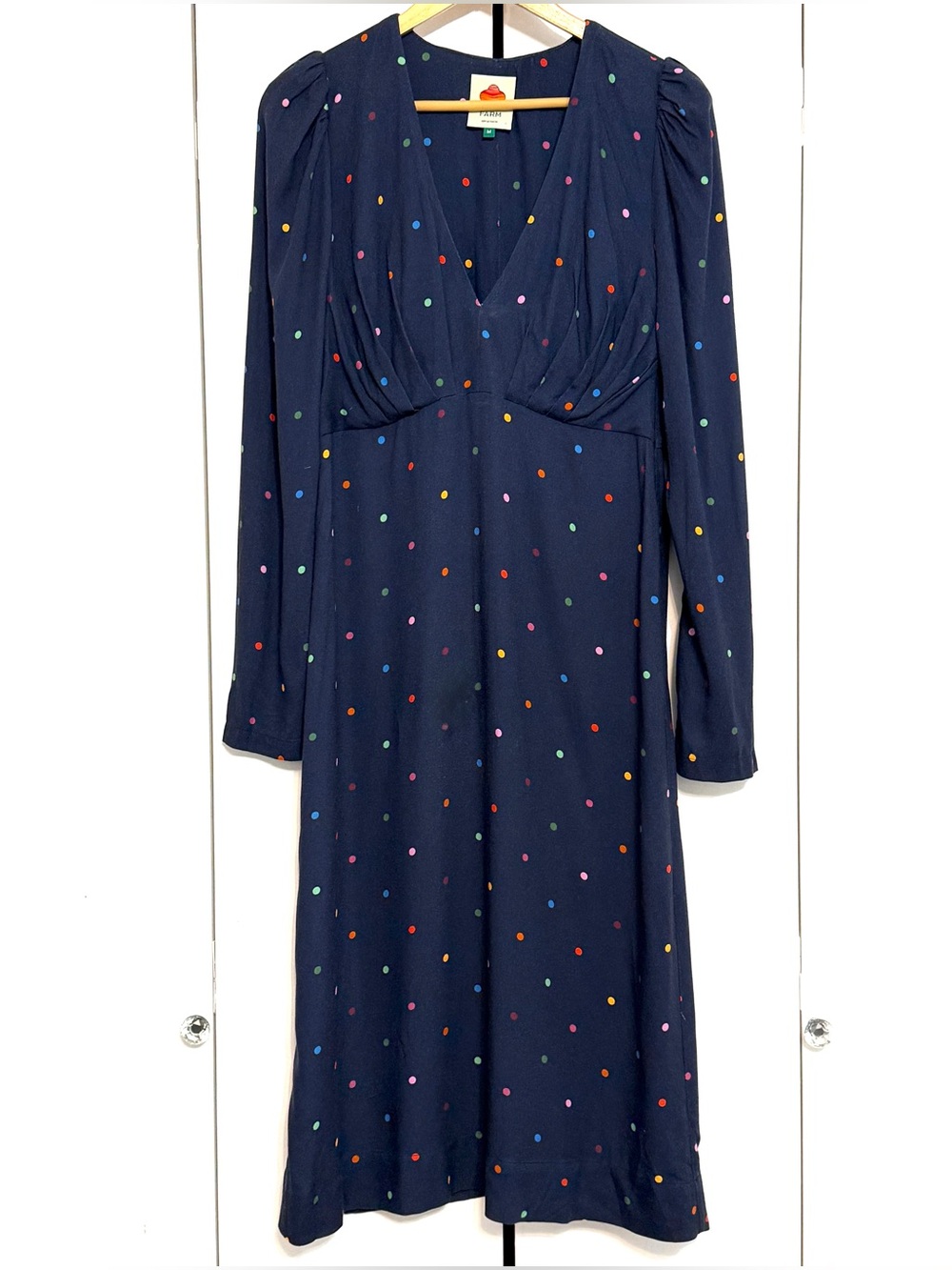 FARM Rio Colorful Dots Lucy Midi Dress M Navy Multicolor Polka Dot Long Sleeve - Picture 2 of 8